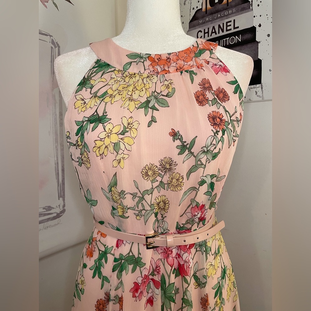Tommy Hilfiger Belted Chiffon Halter Midi Dress Pink Floral Print Size 4 - Picture 3 of 16